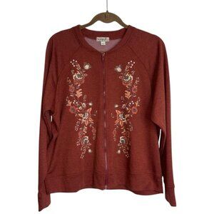 ONE WORLD Womens Large Rust Brick Red Stamped Design Jacket Zip Sweater Autumn